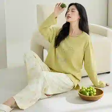 莫代尔 春秋季清新韩版个性纯棉圆领套头气质简洁长袖长裤家居服可外穿女士睡衣套装 女款