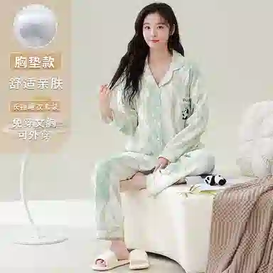 莫代尔 宽松显瘦时尚百搭翻领开衫休闲简约带胸垫防凸点家居服可外穿睡衣套装 女款