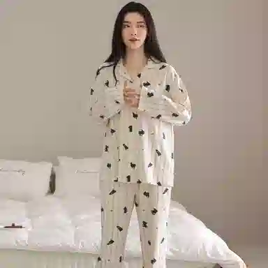 莫代尔 慵懒舒适亲肤细腻纯棉翻领开衫时尚气质百搭长袖长裤家居服可外穿睡衣套装 女款