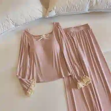 莫代尔 气质时尚百搭个性休闲简洁长袖长裤自带胸垫防凸点家居服可外穿女士睡衣套装 女款