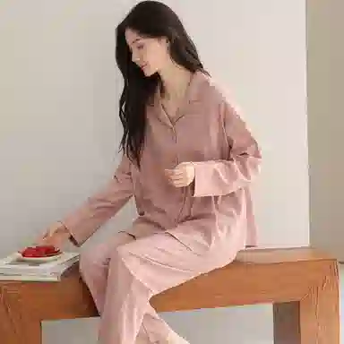 莫代尔 春秋季甜美风休闲简约翻领开衫纯棉宽松显瘦长袖长裤家居服可外穿女士睡衣套装 女款