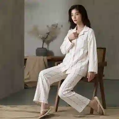莫代尔 纯棉个性百搭简约翻领开衫休闲舒适亲肤透气长袖长裤家居服可外穿女士睡衣套装 女款