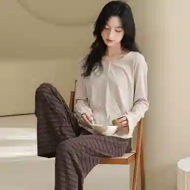 莫代尔 舒适柔软亲肤细腻圆领套头休闲简约个性百搭长袖长裤家居服可外穿睡衣套装 女款