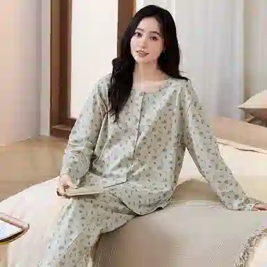 莫代尔 个性时尚气质百搭圆领开衫纯棉休闲简约家居服可外穿睡衣套装 女款