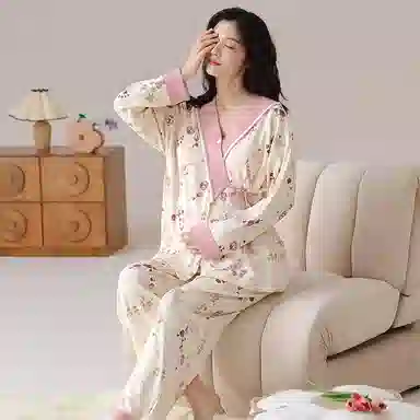 莫代尔 清新春秋一体式带杯垫气质简约月子家居服睡衣套装 女款