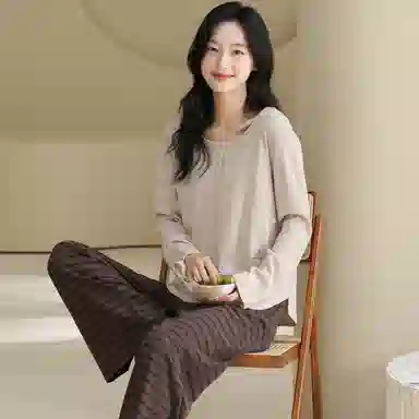 莫代尔 舒适柔软亲肤细腻圆领套头休闲简约个性百搭长袖长裤家居服可外穿睡衣套装 女款