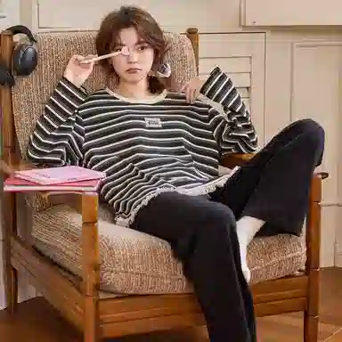 莫代尔 春秋开衫气质经典一体式免穿文胸清新家居服睡衣套装 女款