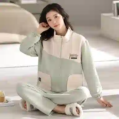 莫代尔 清新舒适柔软细腻高领拉链保暖蓄热宽松休闲简约长袖长裤家居服可外穿睡衣套装 女款