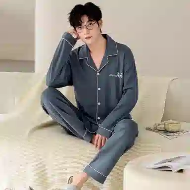 莫代尔 韩版个性耐穿纯棉翻领开衫百搭轻盈透气长袖长裤家居服男士睡衣套装 男款