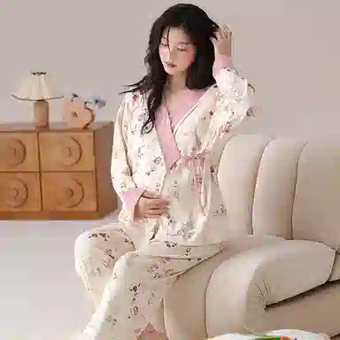 莫代尔 清新春秋一体式带杯垫气质简约月子家居服睡衣套装 女款