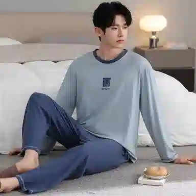 莫代尔 可外穿舒适轻柔亲肤细腻圆领套头轻盈透气个性长袖长裤家居服男士睡衣套装 男款