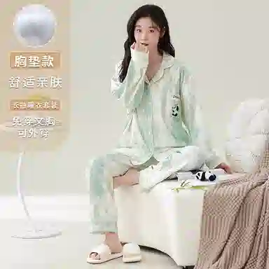 莫代尔 宽松显瘦时尚百搭翻领开衫休闲简约带胸垫防凸点家居服可外穿睡衣套装 女款