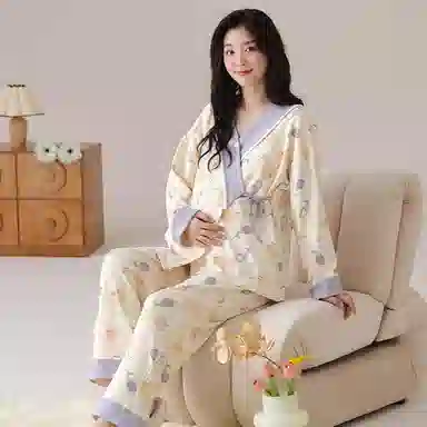 莫代尔 清新春秋一体式气质简约带杯垫月子家居服睡衣套装 女款