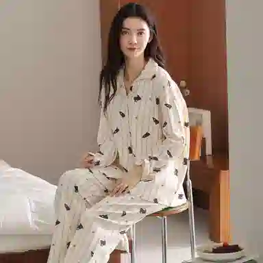 莫代尔 慵懒舒适亲肤细腻纯棉翻领开衫时尚气质百搭长袖长裤家居服可外穿睡衣套装 女款