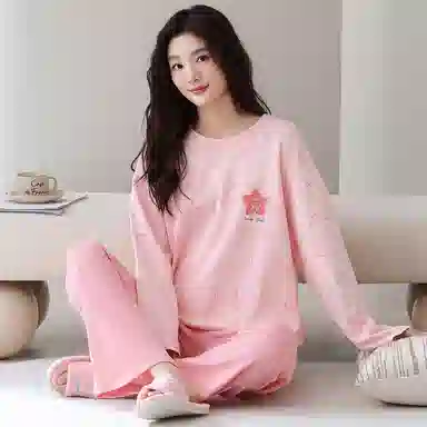 莫代尔 春秋季轻盈透气个性纯棉圆领套头舒适宽松带胸垫防凸点家居服可外穿睡衣套装 女款