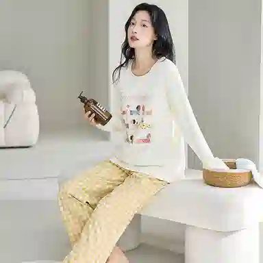 莫代尔 春秋季慵懒个性百搭纯棉圆领套头休闲简约长袖长裤家居服可外穿女士睡衣套装 女款