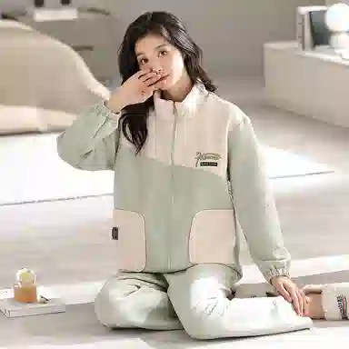 莫代尔 清新舒适柔软细腻高领拉链保暖蓄热宽松休闲简约长袖长裤家居服可外穿睡衣套装 女款