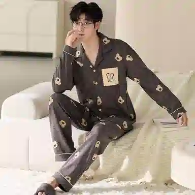 莫代尔 舒适柔软亲肤纯棉翻领开衫个性休闲简约长袖长裤家居服男士睡衣套装 男款