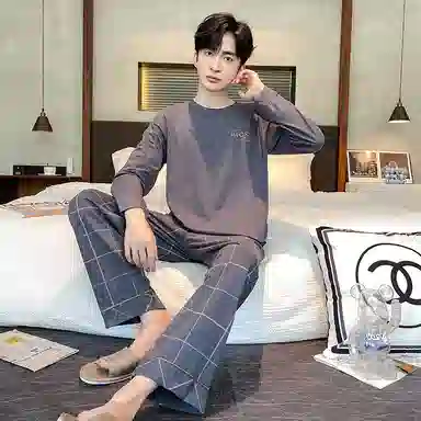 莫代尔 休闲简约个性透气圆领套头时尚气质百搭长袖长裤家居服可外穿睡衣套装 男款