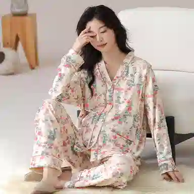 莫代尔 清新春秋一体式带杯垫气质简约花色月子家居服睡衣套装 女款