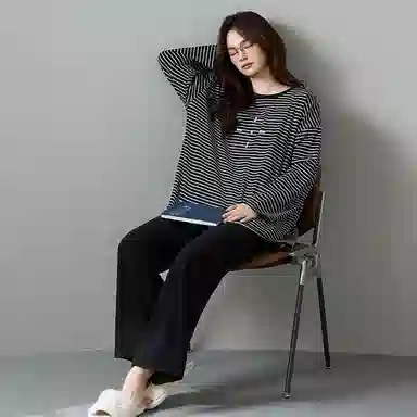 莫代尔 个性休闲简约百搭圆领套头舒适宽松显瘦保暖长袖长裤家居服可外穿女士睡衣套装 女款