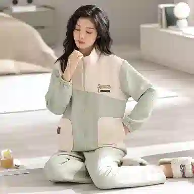莫代尔 清新舒适柔软细腻高领拉链保暖蓄热宽松休闲简约长袖长裤家居服可外穿睡衣套装 女款