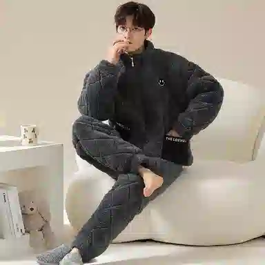 莫代尔 舒适柔软细腻半高领拉链款个性百搭保暖加厚长袖长裤家居服可外穿睡衣套装 男款