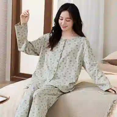 莫代尔 个性时尚气质百搭圆领开衫纯棉休闲简约家居服可外穿睡衣套装 女款