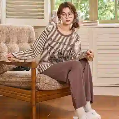 莫代尔 春秋开衫一体式免穿文胸清新气质家居服睡衣套装 女款