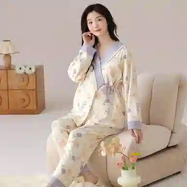 莫代尔 清新春秋一体式气质简约带杯垫月子家居服睡衣套装 女款