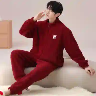 莫代尔 喜庆大红色宽松百搭翻领开衫个性保暖加厚长袖长裤家居服可外穿男士睡衣套装 男款