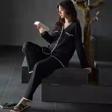 莫代尔 舒适柔软亲肤细腻翻领开衫个性时尚气质百搭不易起球家居服可外穿睡衣套装 女款