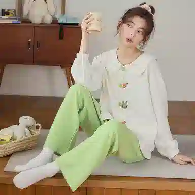 莫代尔 舒适轻柔亲肤透气翻领开衫慵懒宽松显瘦个性长袖长裤家居服可外穿睡衣套装 女款