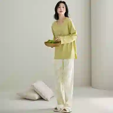 莫代尔 春秋季清新韩版个性纯棉圆领套头气质简洁长袖长裤家居服可外穿女士睡衣套装 女款