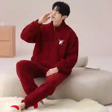 莫代尔 喜庆大红色宽松百搭翻领开衫个性保暖加厚长袖长裤家居服可外穿男士睡衣套装 男款