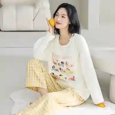 莫代尔 春秋季慵懒个性百搭纯棉圆领套头休闲简约长袖长裤家居服可外穿女士睡衣套装 女款