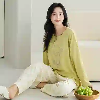 莫代尔 春秋季清新韩版个性纯棉圆领套头气质简洁长袖长裤家居服可外穿女士睡衣套装 女款