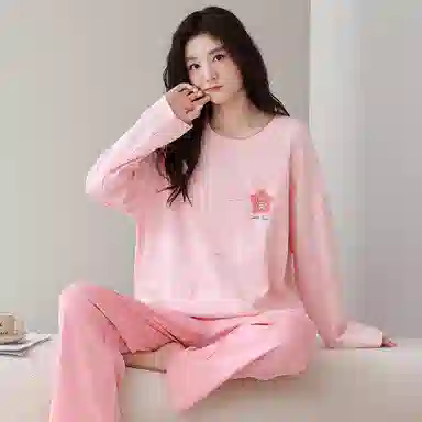 莫代尔 春秋季轻盈透气个性纯棉圆领套头舒适宽松带胸垫防凸点家居服可外穿睡衣套装 女款