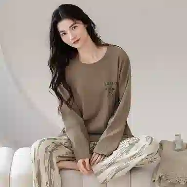 莫代尔 春秋季休闲简约百搭纯棉圆领套头慵懒时尚气质带胸垫防凸点家居服可外穿睡衣套装 女款