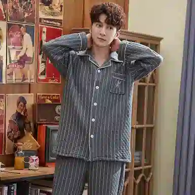 莫代尔 休闲简约舒适保暖翻领开衫蓄热轻盈亲肤柔软可外穿的家居服睡衣套装 男款