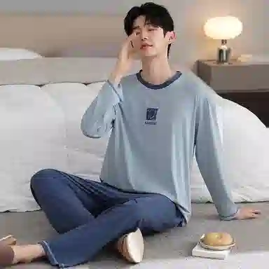 莫代尔 可外穿舒适轻柔亲肤细腻圆领套头轻盈透气个性长袖长裤家居服男士睡衣套装 男款