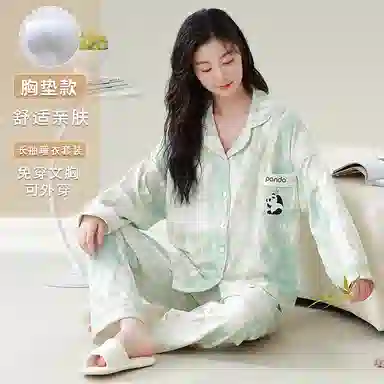 莫代尔 宽松显瘦时尚百搭翻领开衫休闲简约带胸垫防凸点家居服可外穿睡衣套装 女款