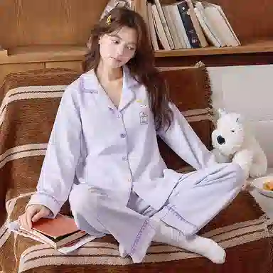 莫代尔 春秋季简洁个性百搭翻领开衫休闲轻盈透气性长袖长裤家居服可外穿女士睡衣套装 女款