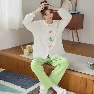 莫代尔 舒适轻柔亲肤透气翻领开衫慵懒宽松显瘦个性长袖长裤家居服可外穿睡衣套装 女款