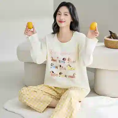 莫代尔 春秋季慵懒个性百搭纯棉圆领套头休闲简约长袖长裤家居服可外穿女士睡衣套装 女款