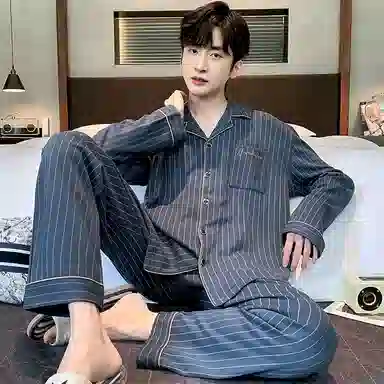莫代尔 可外穿韩版个性时尚翻领开衫舒适宽松耐磨耐穿长袖长裤家居服睡衣套装 男款