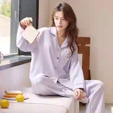 莫代尔 春秋季简洁个性百搭翻领开衫休闲轻盈透气性长袖长裤家居服可外穿女士睡衣套装 女款