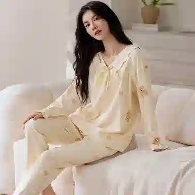 莫代尔 个性时尚气质百搭纯棉圆领套头宽松休闲简约长袖长裤家居服可外穿睡衣套装 女款