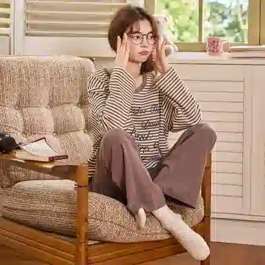 莫代尔 春秋开衫一体式免穿文胸清新气质家居服睡衣套装 女款