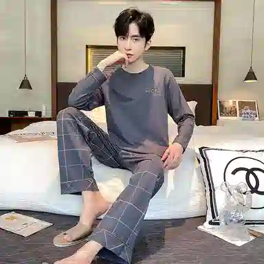 莫代尔 休闲简约个性透气圆领套头时尚气质百搭长袖长裤家居服可外穿睡衣套装 男款
